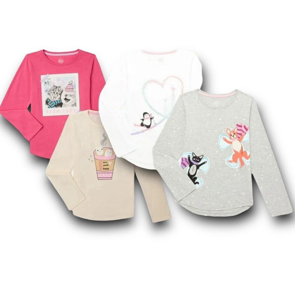 4-pack Wonder Nation Girl’s Winter Cozy Long Sleeve Graphic T-Shirts Cute Tee XL